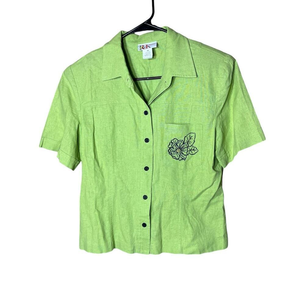Vintage‎ R&K Originals Green Linen Blend Rayon Floral Embroidery Blouse Size 10